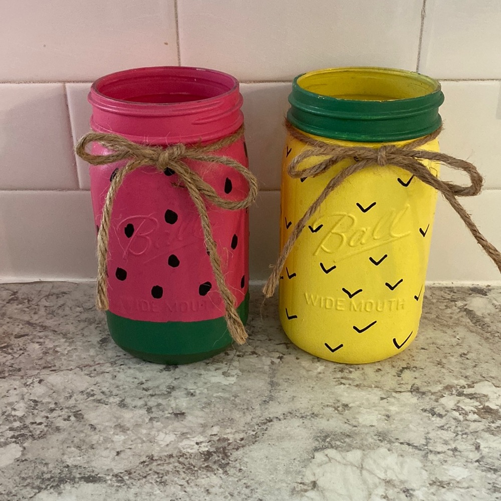 Set of 2 quart size hand painted mason jar vases.